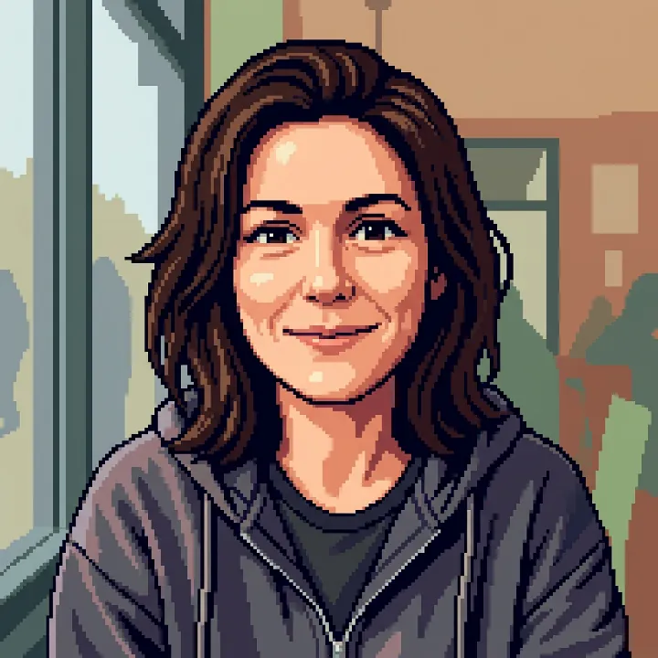 The woman as a 16-bit pixel art game portrait in her gray hoodie, with the cafe window behind her