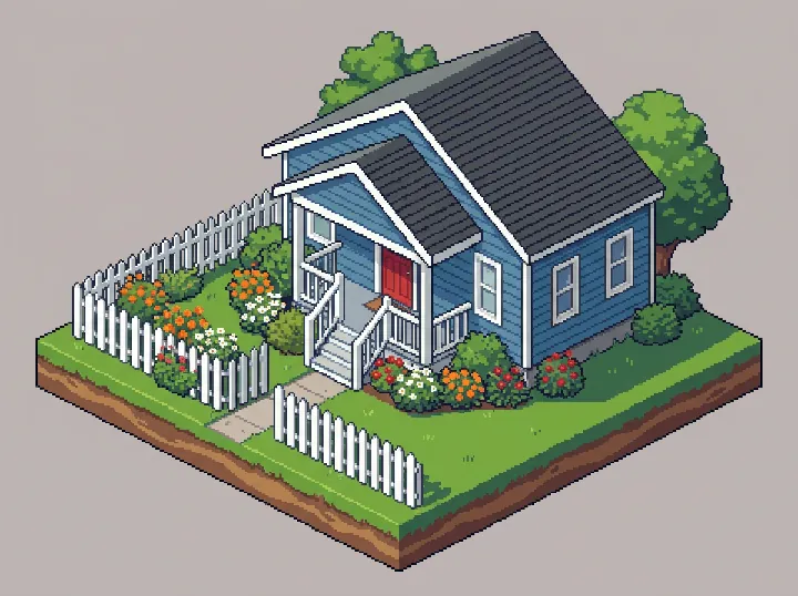 The blue house with its white porch, red door and picket fence as an isometric pixel art building on a square of grass