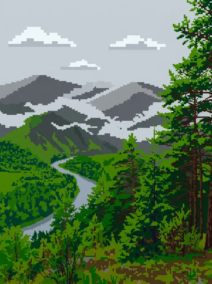The misty mountains, the winding river and the pines as 8-bit pixel art with a small palette