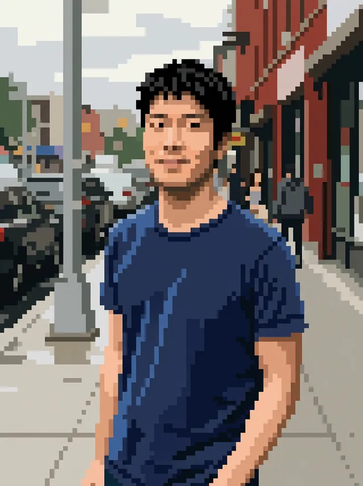 The man's street snapshot as pixel art: his face, black hair and navy t-shirt in big square pixels, with the street and parked cars behind him
