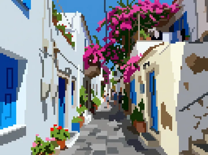 The whitewashed street as pixel art with big square pixels, blue doors, pink bougainvillea and pots of flowers