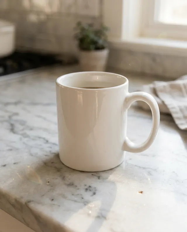 A phone photo of a plain white mug on a marble kitchen counter (made with the model)