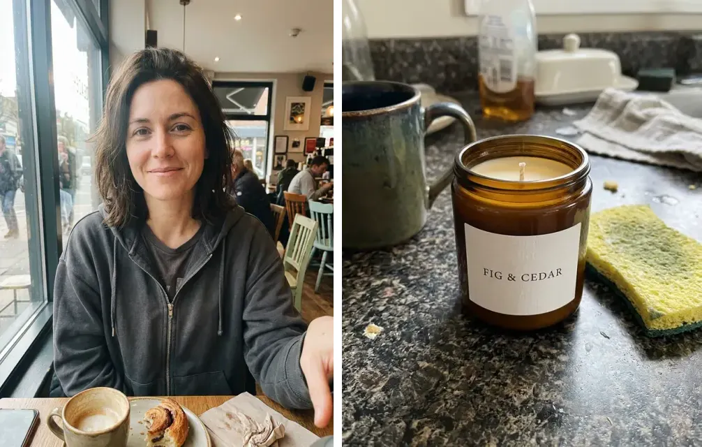 The two starting photos side by side: a woman's cafe selfie and the candle on the kitchen counter (both made with the model)