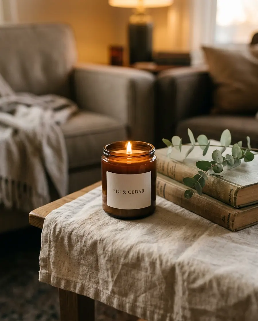 The lit Fig & Cedar candle on a linen-covered side table with books and eucalyptus in a cozy living room