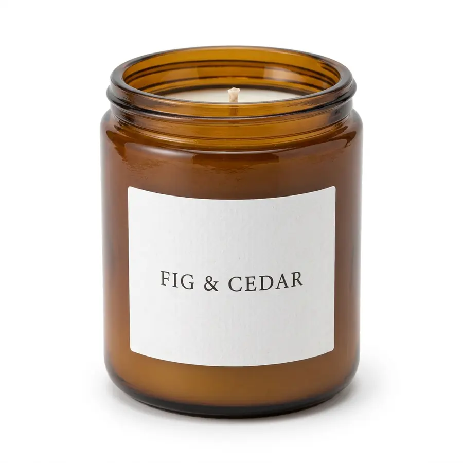 The amber Fig & Cedar candle centered on a pure white background with a soft shadow