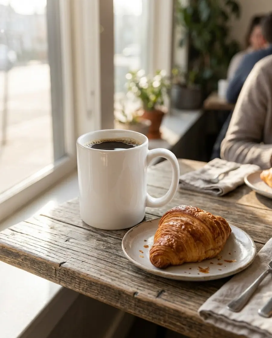 The white mug filled with coffee on a wooden cafe table by a sunny window, with a croissant