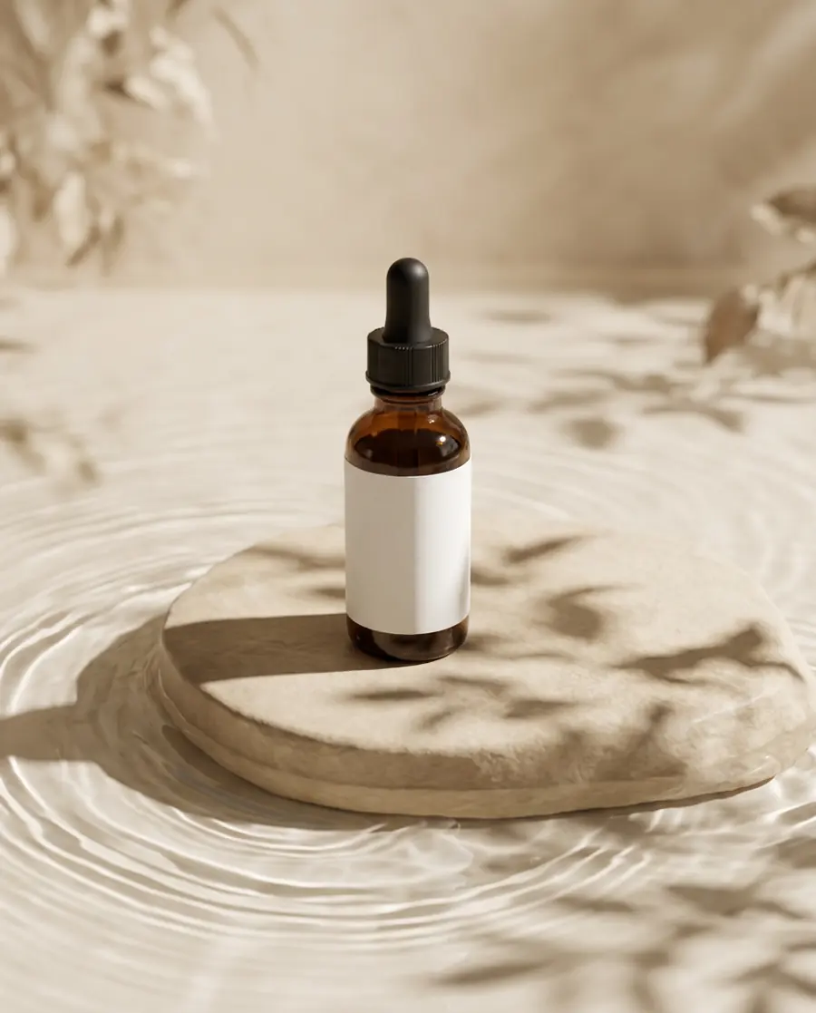 The amber dropper bottle on a beige stone pedestal in rippling water with soft leaf shadows