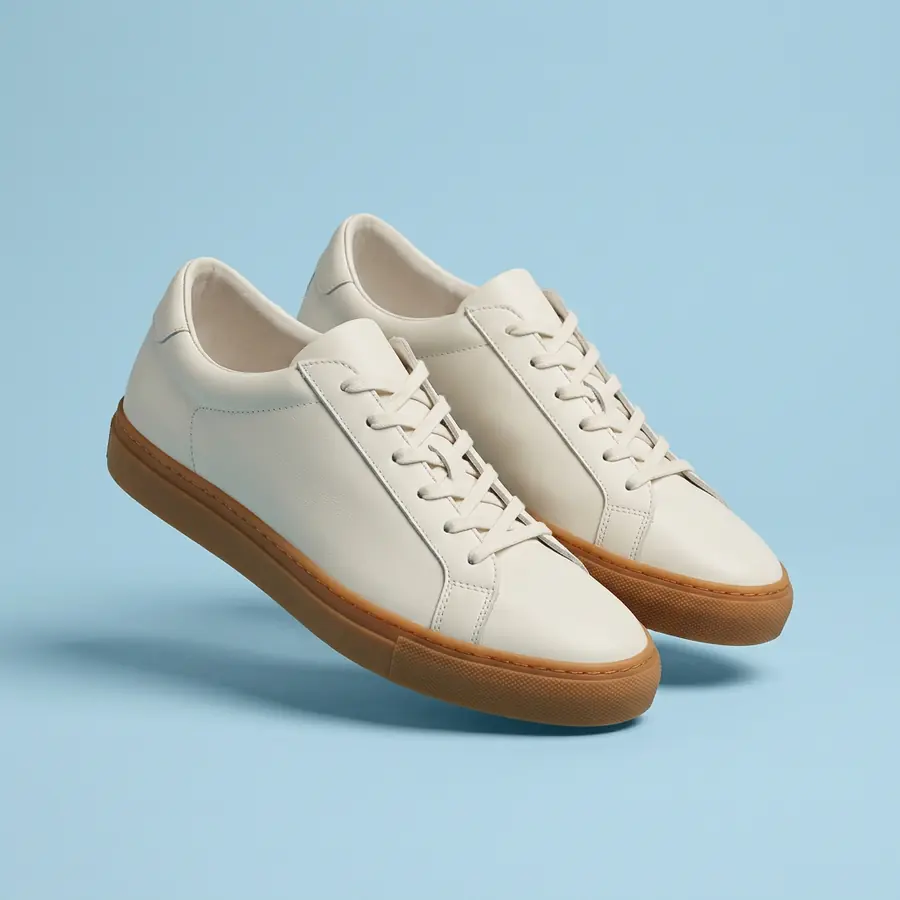 The white leather sneakers with gum soles floating against a pastel blue background