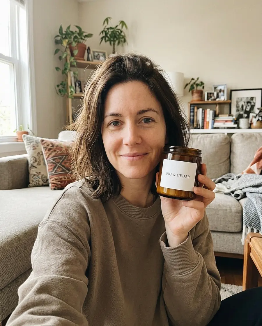 The woman holding the Fig & Cedar candle next to her face in a sunlit living room, like a customer's social media photo