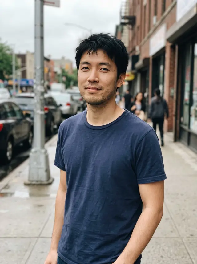A casual street snapshot of a man with short black hair in a navy t-shirt (made with the model)