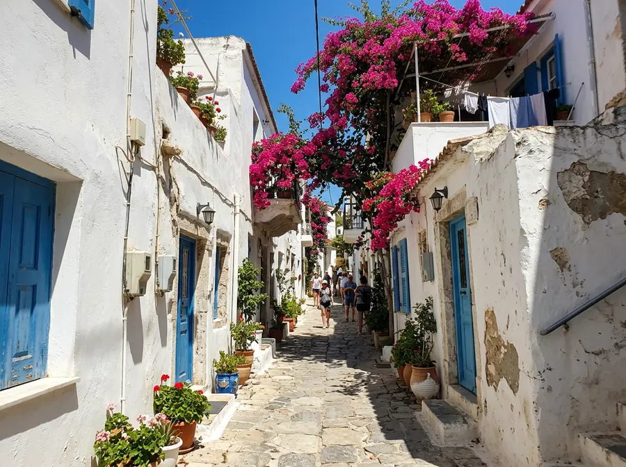 A tourist's phone photo of a whitewashed old-town street with blue shutters and bougainvillea (made with the model)