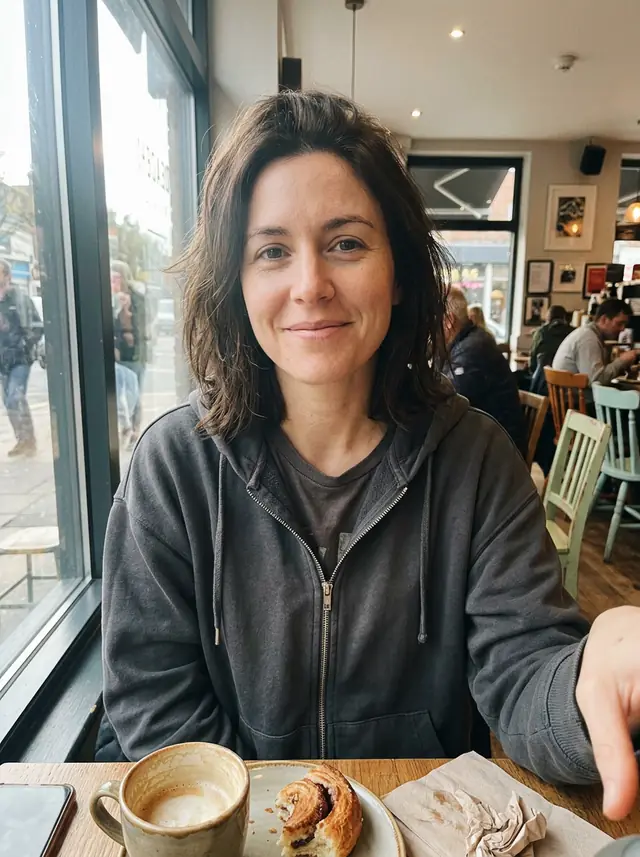 A casual cafe selfie of a woman with shoulder-length dark hair in a gray hoodie (made with the model)
