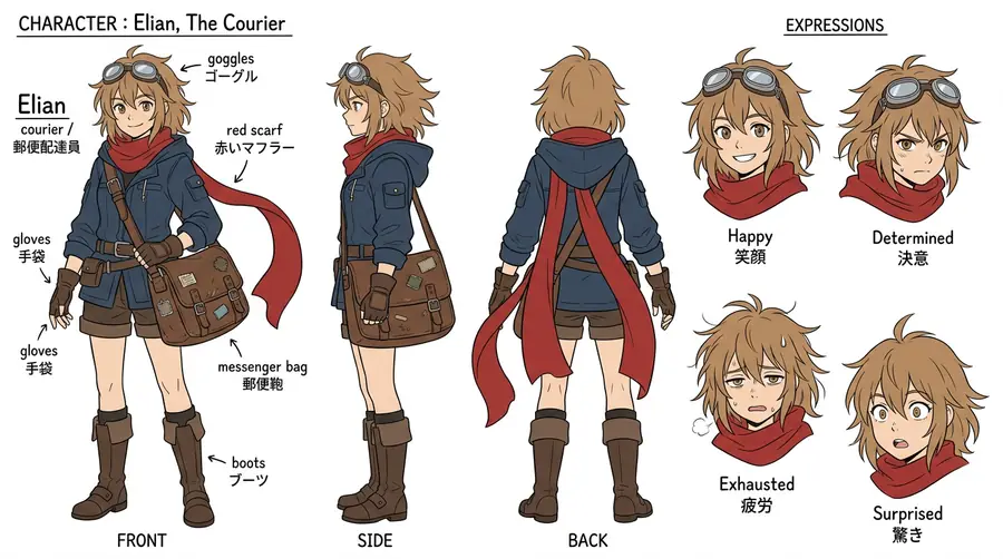 A character sheet of a courier girl with a red scarf shown front, side and back, with four expressions