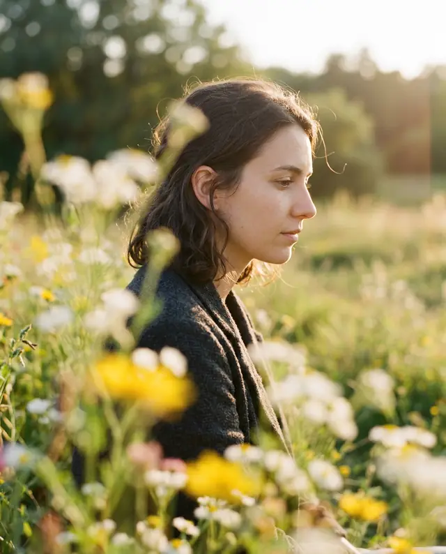 A film-style portrait of a woman in profile seen through blurred wildflowers in warm light