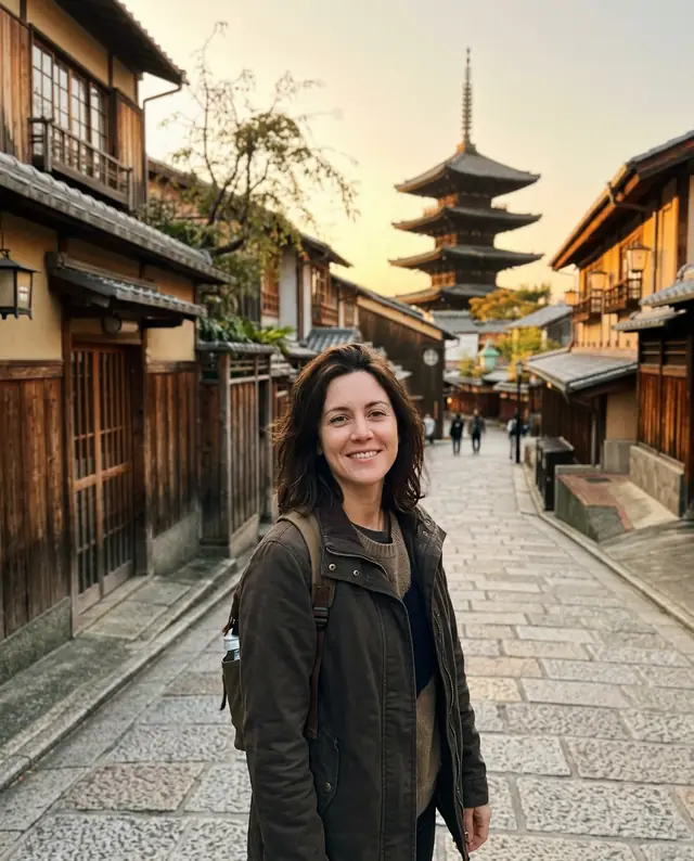 The same woman on a stone lane in Kyoto at golden hour with a pagoda behind her