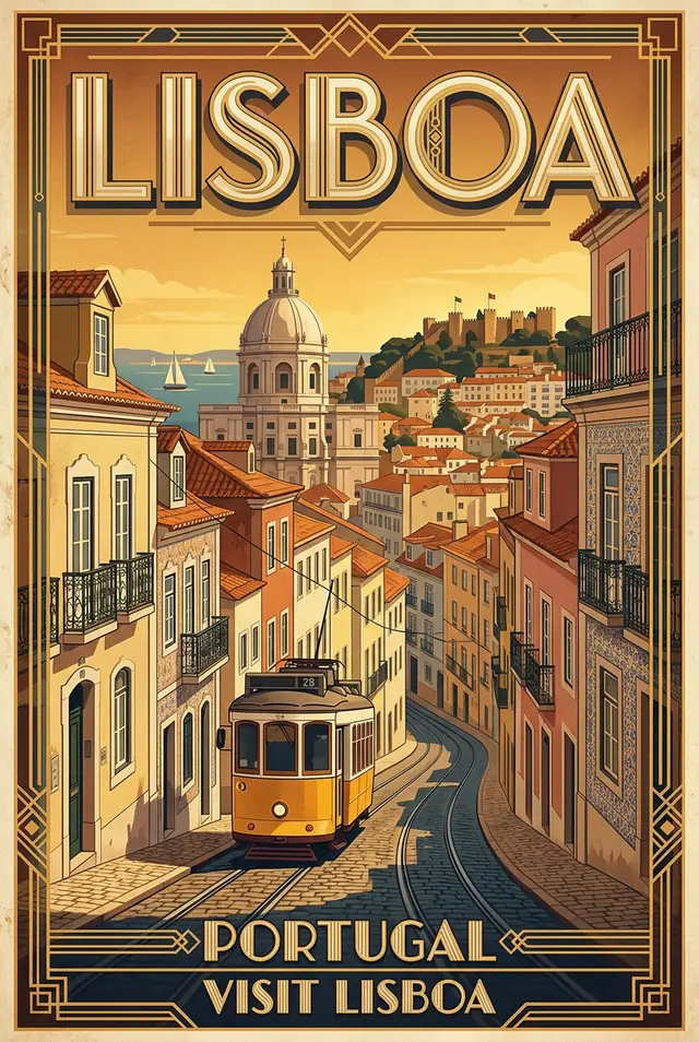 An art deco travel poster of Lisbon with a yellow tram and the word LISBOA