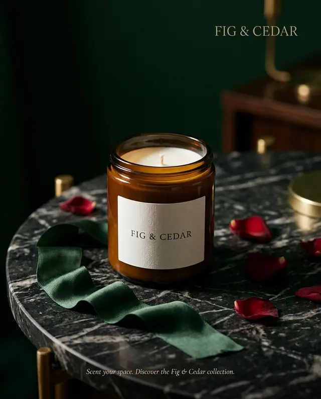 The same candle on a dark marble table with a green silk ribbon and rose petals against a deep green background