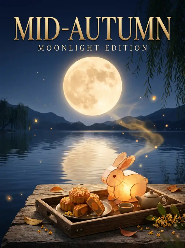 A Mid-Autumn poster with a full moon over a lake, a rabbit lantern and mooncakes