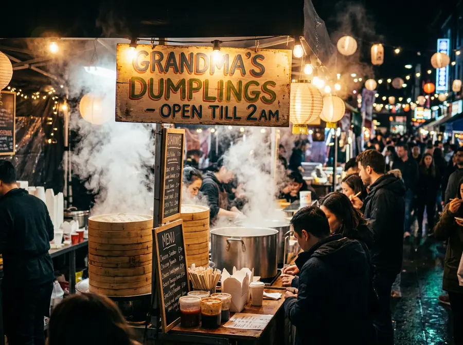 A night-market stall with a hand-painted sign reading GRANDMA'S DUMPLINGS - OPEN TILL 2AM