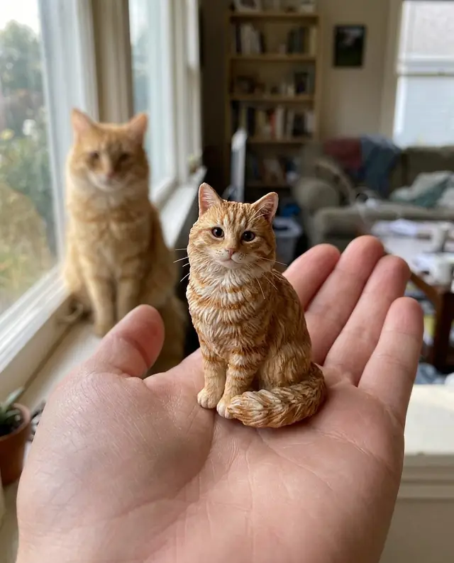 A tiny figure of the orange cat standing on an open palm, with the real cat blurred on the windowsill behind