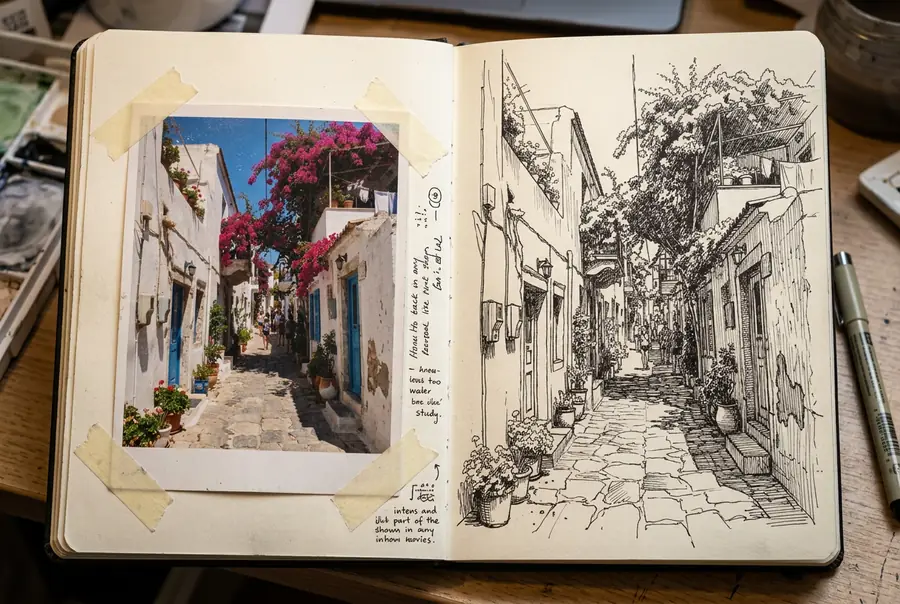 An open sketchbook with the street photo taped on the left page and the same street drawn in ink on the right