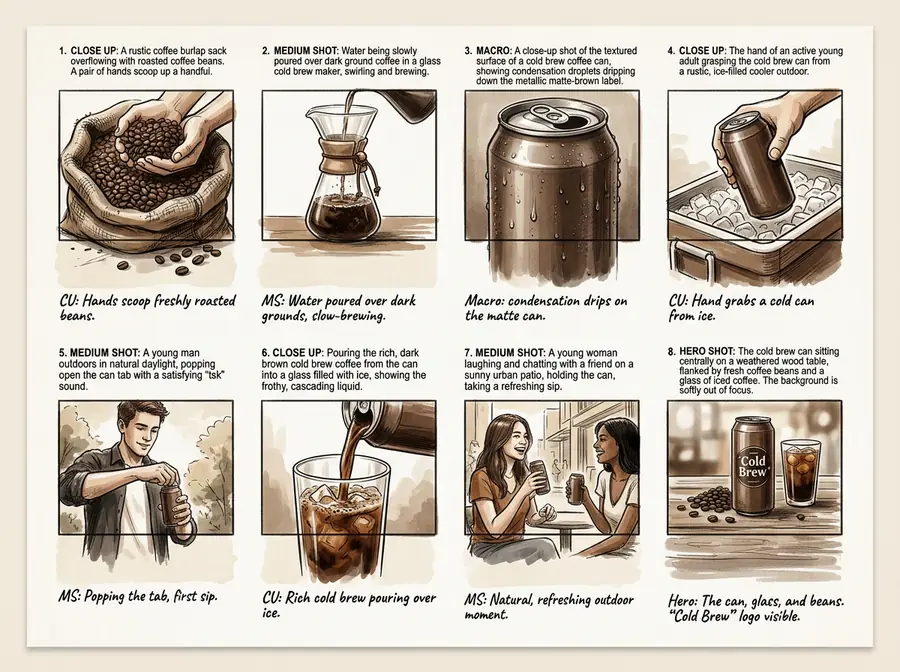 An eight-panel storyboard for a cold brew coffee can with camera notes under each sketch