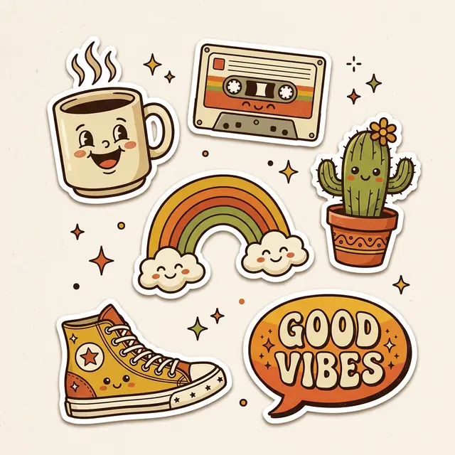 Retro cartoon stickers: a coffee cup, a cassette, a cactus, a rainbow, a sneaker and a GOOD VIBES bubble