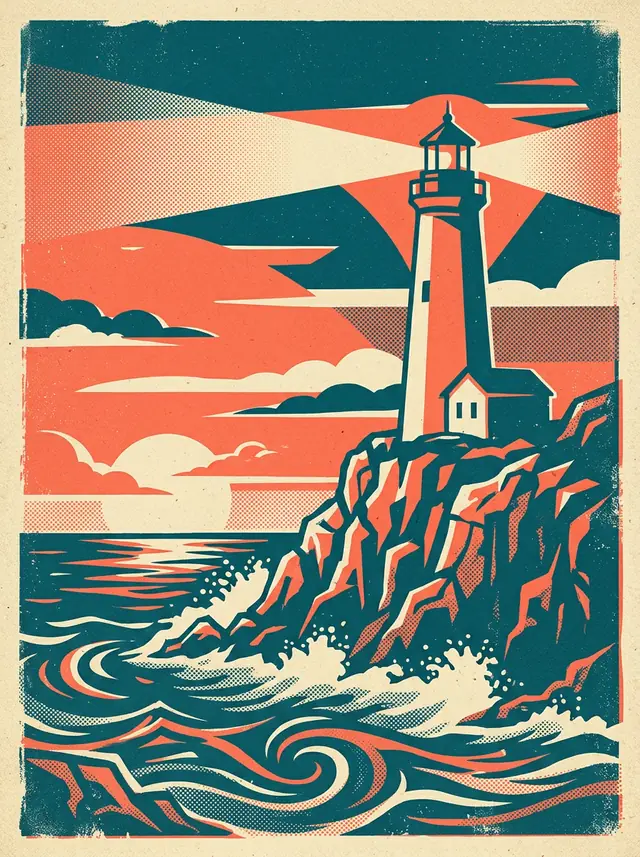 A screen-print style illustration of a lighthouse on a cliff in teal, cream and coral