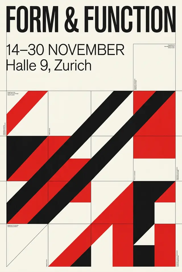 A Swiss-style poster titled FORM & FUNCTION with red and black geometric shapes on a grid
