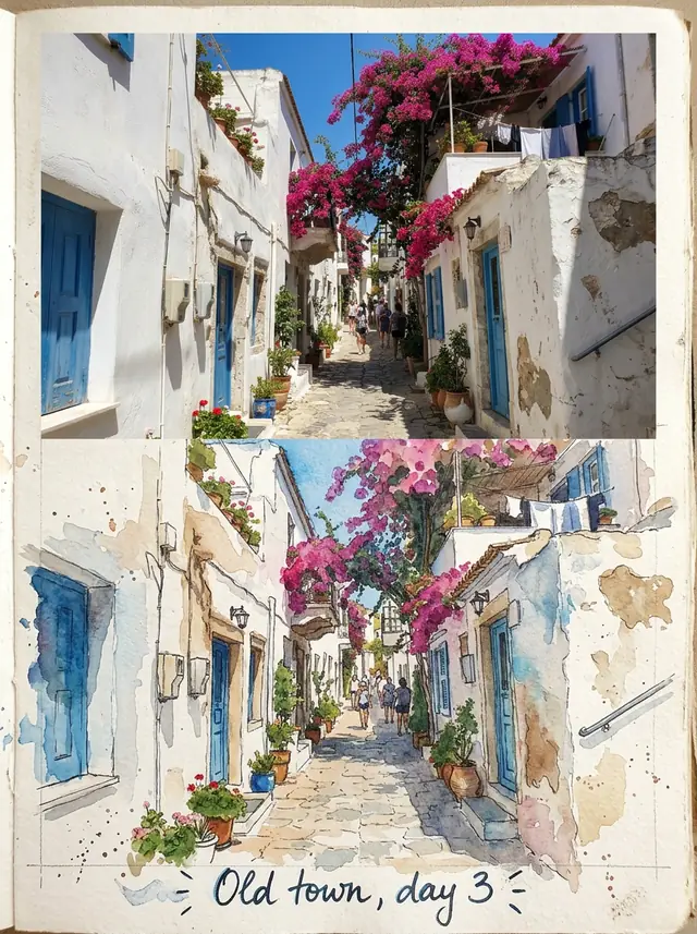 A journal page with the street photo on top, the same street in watercolor below and the caption Old town, day 3