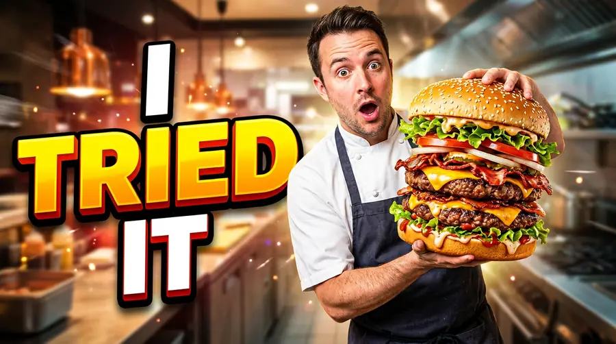 A thumbnail of a surprised chef holding a giant burger with the words I TRIED IT