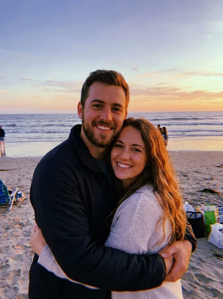 The couple hugging on the beach at sunset with the man in the red cap gone and the sea behind them