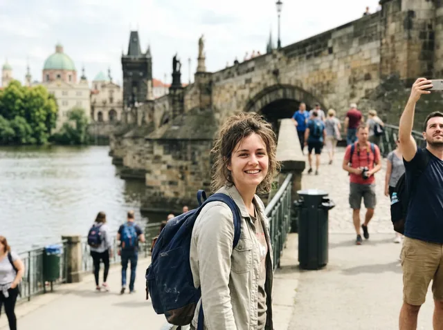 A tourist's photo of a young woman with a backpack on an old stone bridge, with other tourists walking behind her and a man taking a selfie on the right (made with the model)