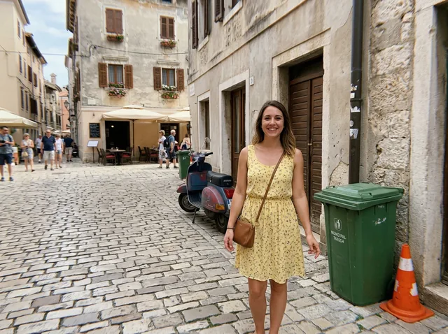A woman in a yellow dress on a cobblestone square, with a green trash bin, an orange traffic cone and a parked scooter next to her (made with the model)