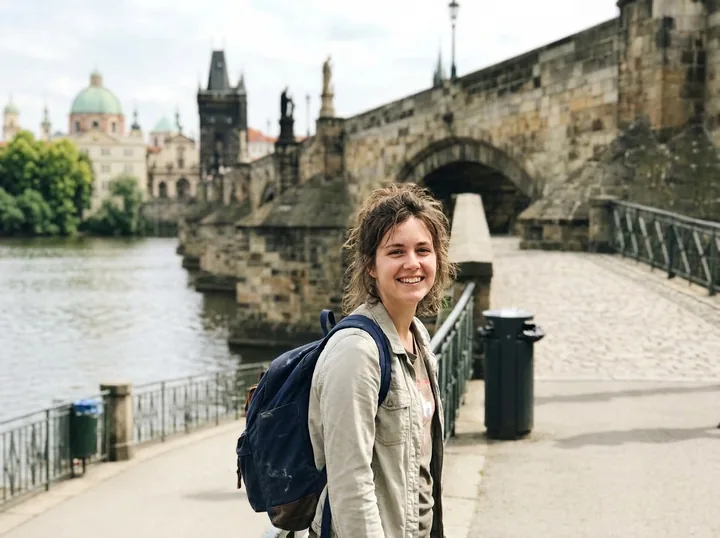 The same woman with her backpack on the stone bridge, now with no one else on it