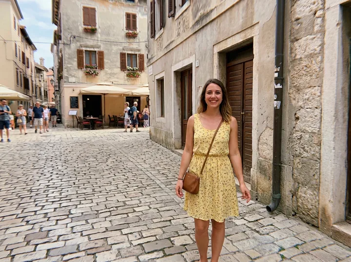 The woman in the yellow dress on the cobblestone square with the trash bin, the cone and the scooter gone
