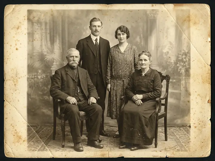 A yellowed 1920s sepia family portrait with foxing spots, a creased corner and torn edges (made with the model)