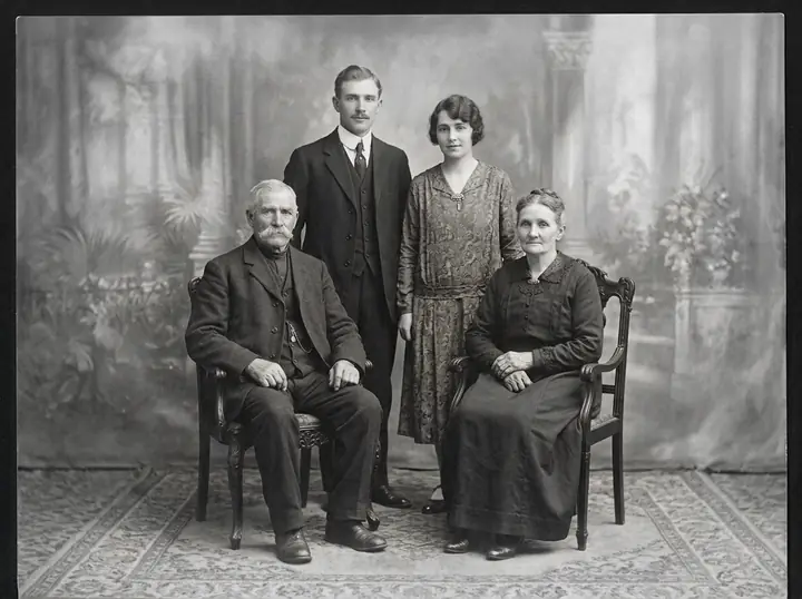 The 1920s family portrait cleaned up as a sharp black-and-white print