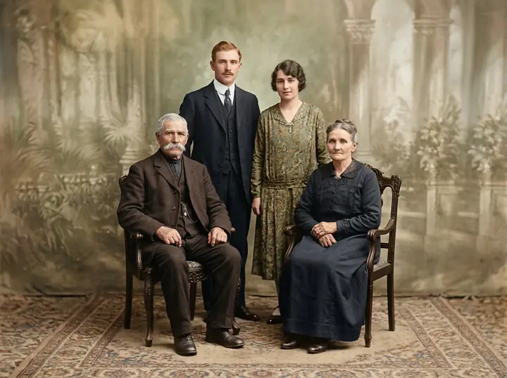 The same 1920s family portrait with the damage gone and natural color added