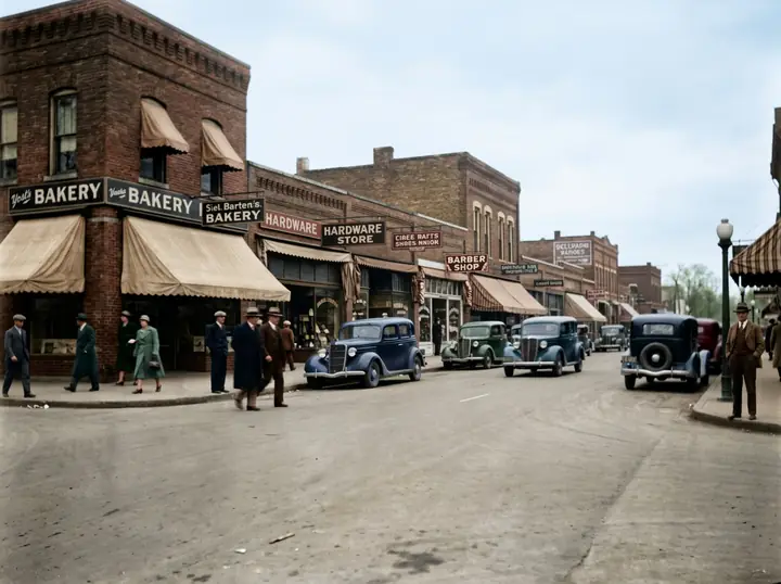 The 1930s main street restored, sharp and in color, with readable shop signs and old cars