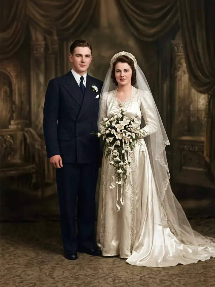 The 1940s wedding portrait restored in color, the crease and torn corner gone