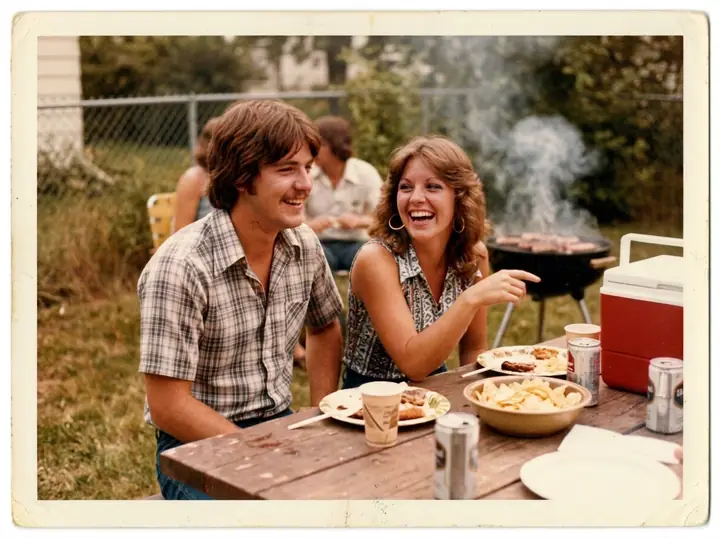The 1970s barbecue snapshot with natural colors, more contrast and the water stain removed