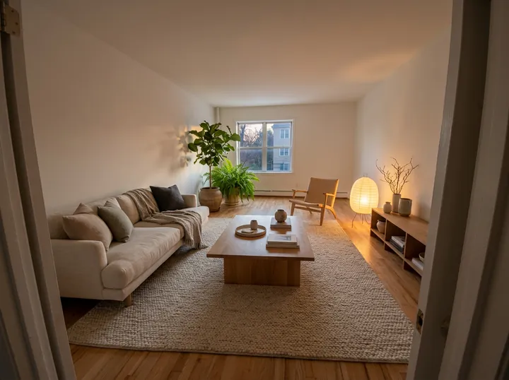 The same room furnished in Japandi style with a linen sofa, rug, plant and lamp light
