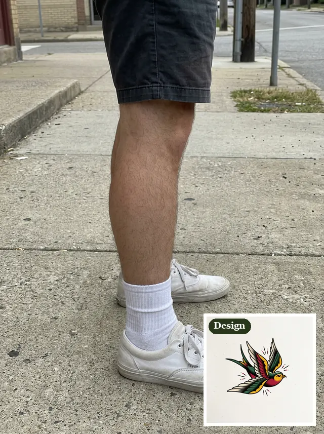A man's lower leg from the side in shorts and white sneakers on a sidewalk, with the traditional swallow design pinned in the corner (made with the model)