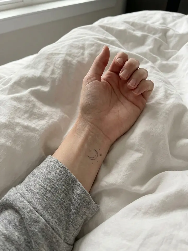 The same wrist with a tiny fine line crescent moon and three small stars tattooed on the inside
