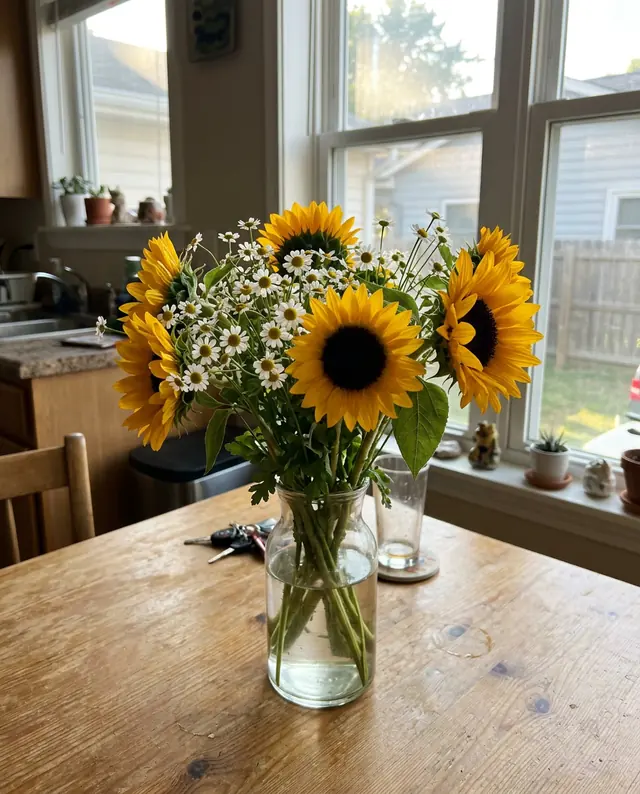 A phone photo of sunflowers and white daisies in a glass vase on a kitchen table (made with the model)