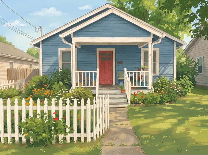 The blue wooden house with its white porch, red door and picket fence as a matte gouache storybook illustration