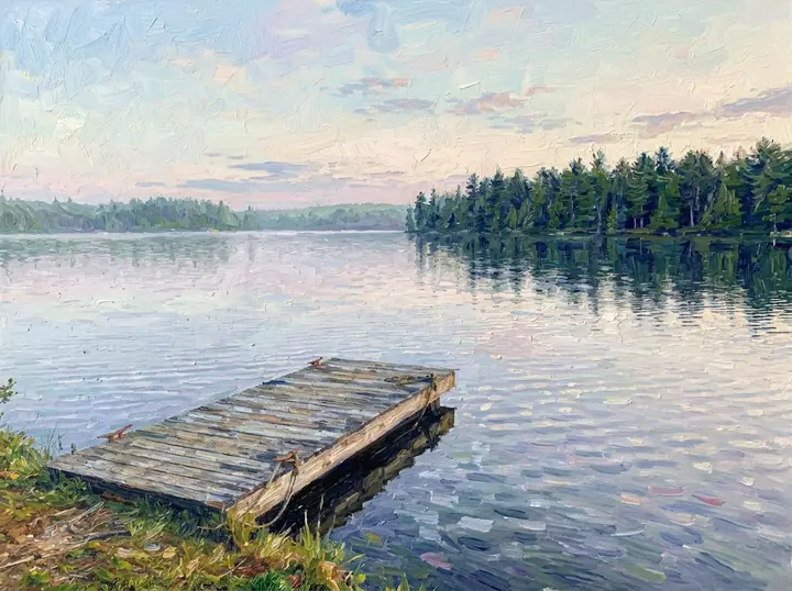 The morning lake as an impressionist painting, with broken brushstrokes of pink, blue and green and the wooden dock in front