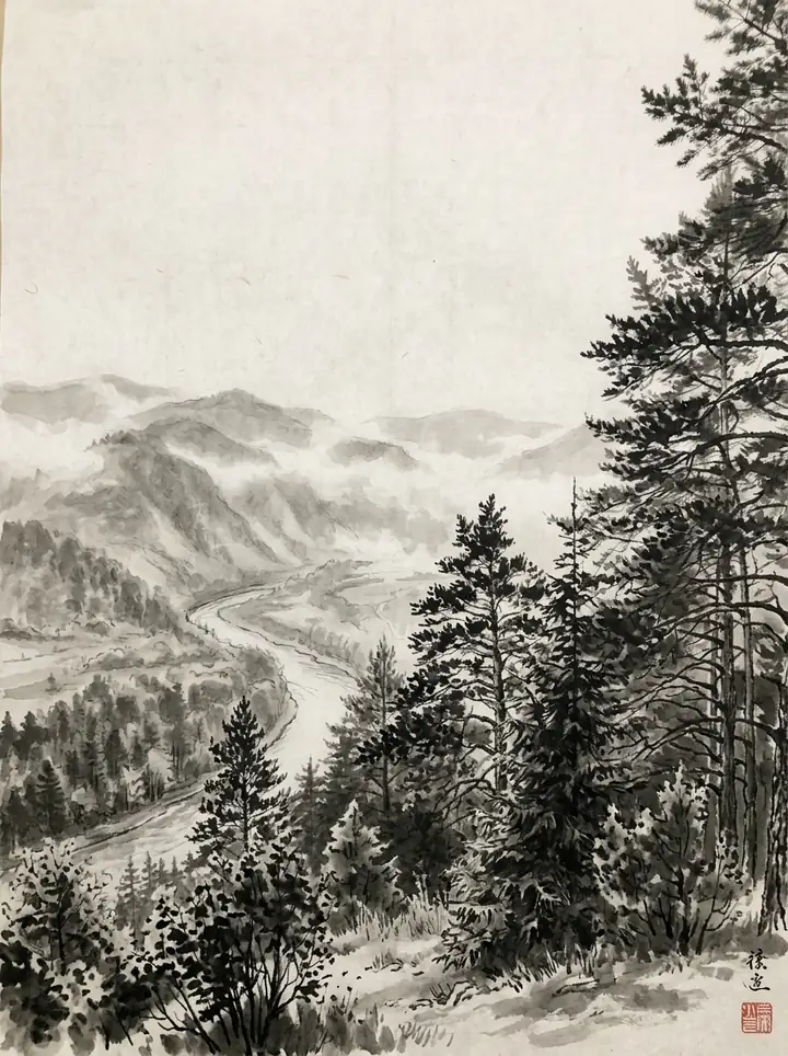 The misty mountains as a black and gray ink wash painting on rice paper, with pines, a winding river and a small red seal