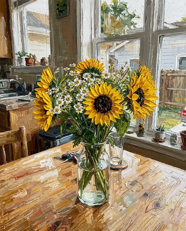 The sunflowers and daisies in the glass vase as a thick palette knife oil painting, with the kitchen window behind